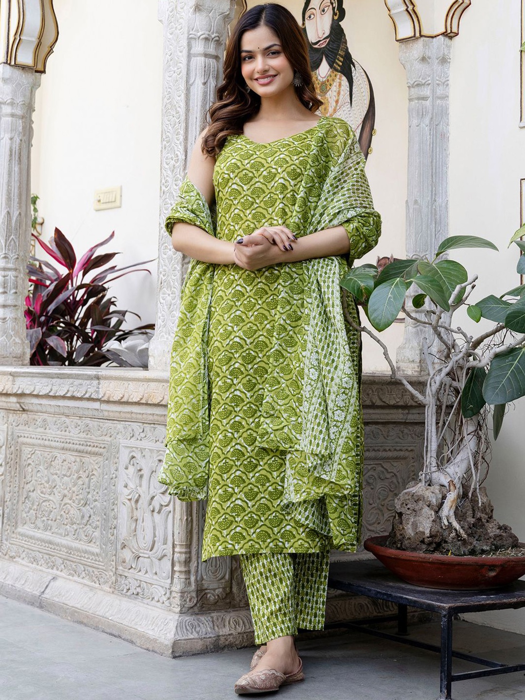 

Indo Era Floral Printed V-Neck Pure Cotton Straight Kurta With Trouser And Dupatta, Green