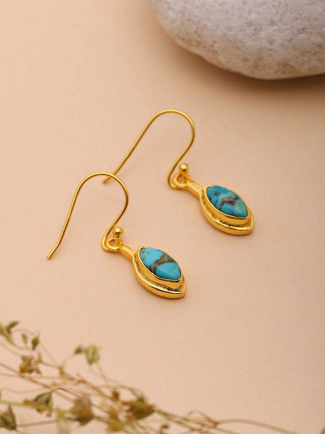 

Exotic India Sterling Silver Gold-Plated Marquise Cut Tibetan Turquoise Drop Earrings