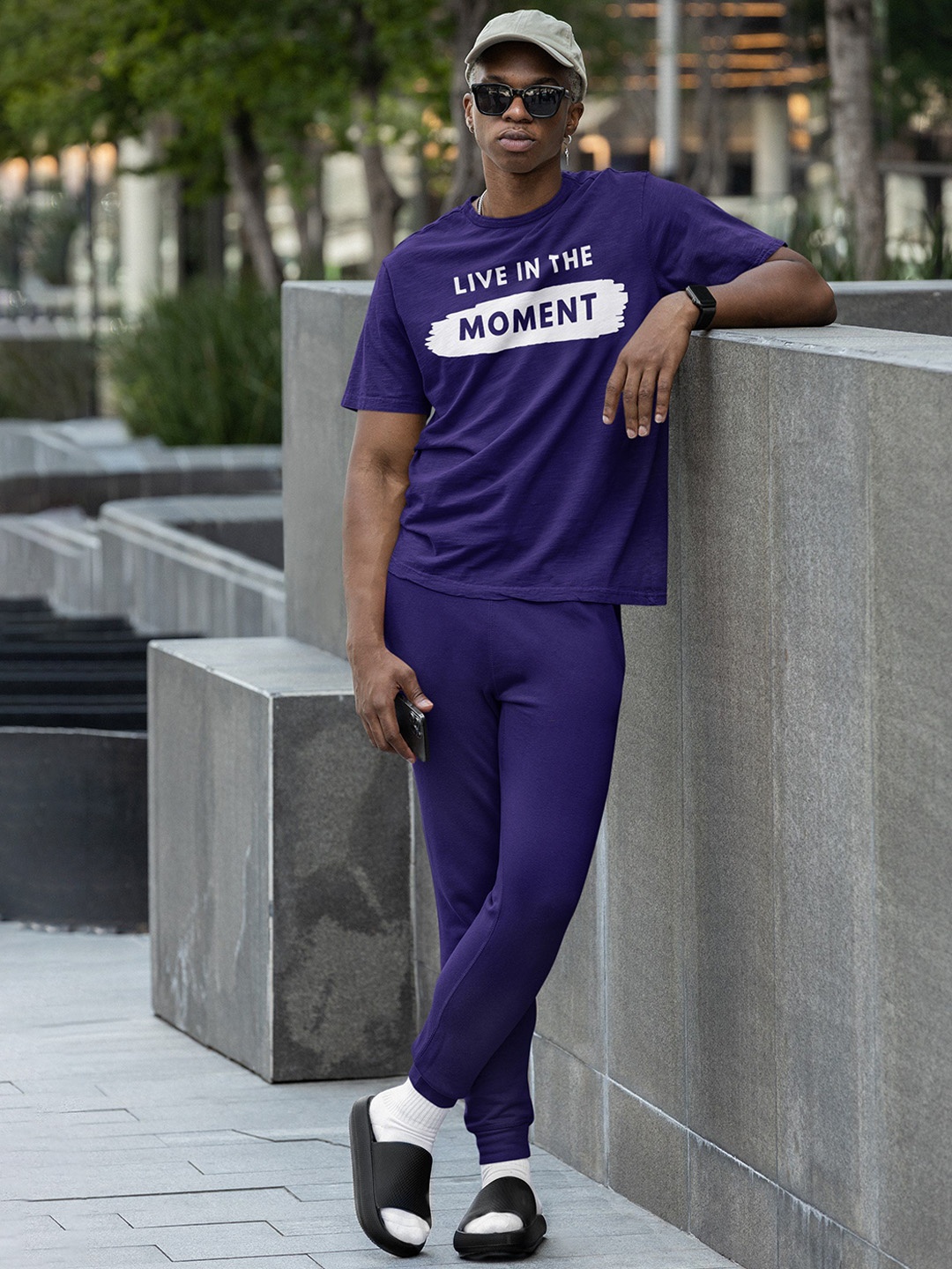 

SYMVI Printed Round Neck T-Shirt & Joggers Co-Ord Set, Navy blue