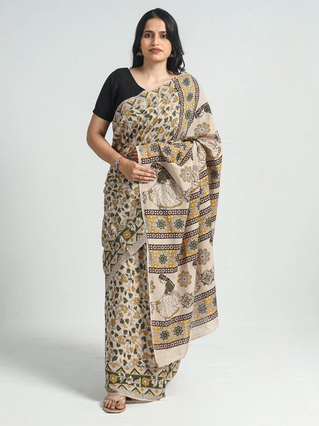 

iTokri Kalamkari Printed Pure Cotton Block Print Saree, Beige