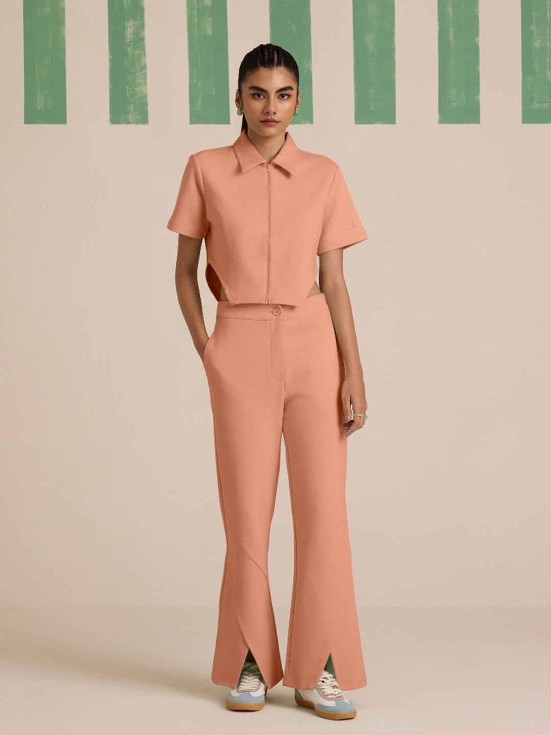 

Muvazo Shirt Collar Neck Top With Trousers Spruce Slit Co-Ords, Beige