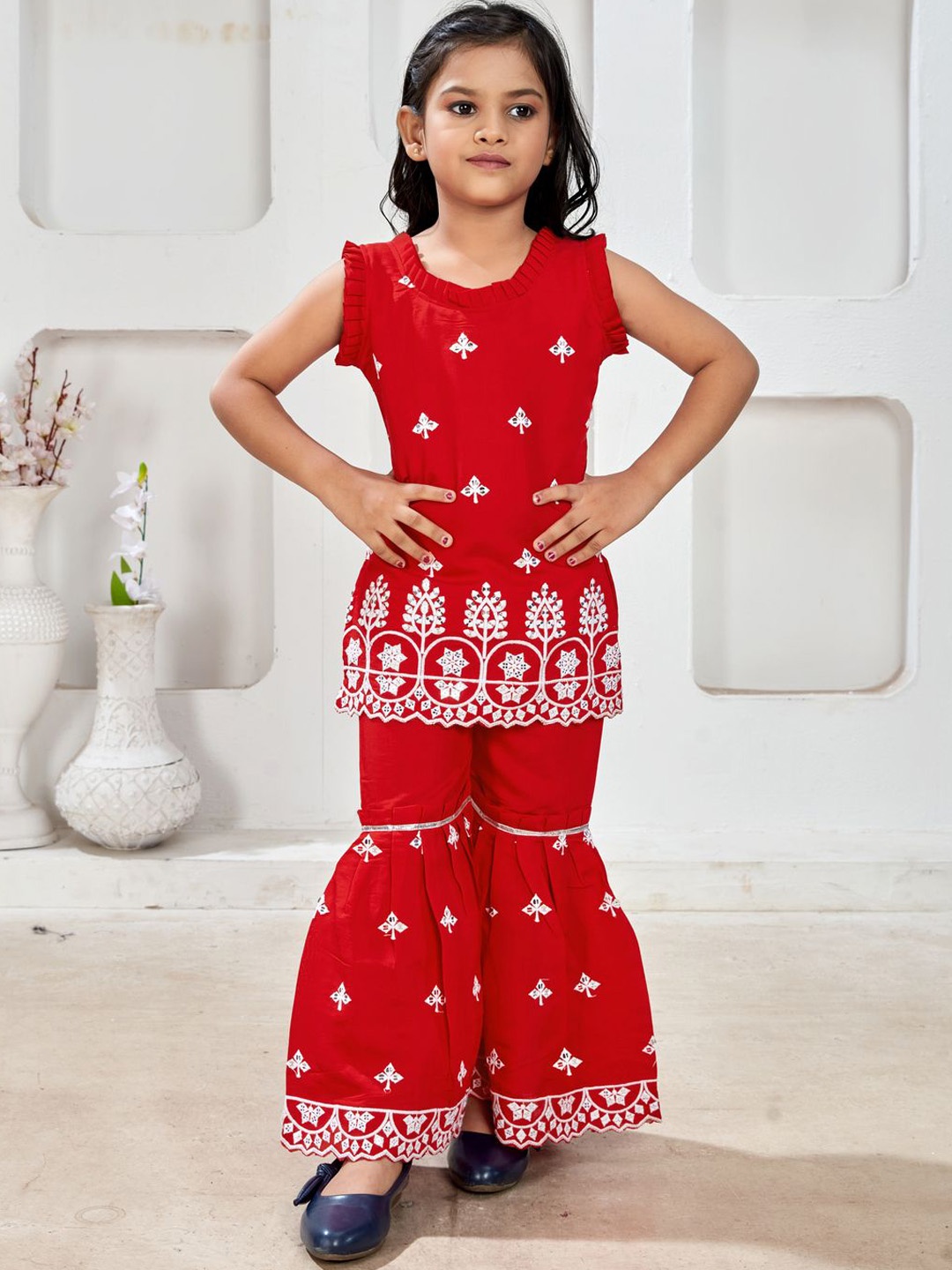 

JOVK DESIGN Girls Floral Embroidered Regular Thread Work Top with Sharara, Red