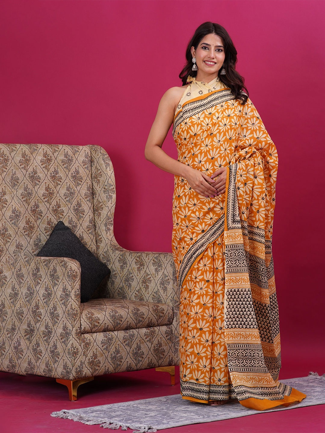 

Vanedik Floral Pure Cotton Block Print Saree, Orange