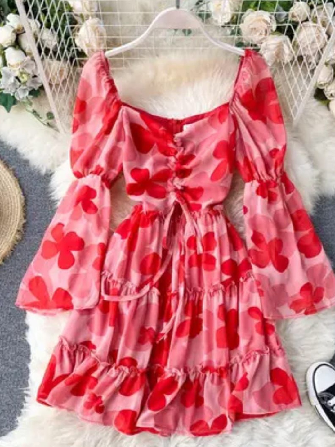 

HIGH BUY Women Floral Printed Crepe Fit & Flare Dress, Red