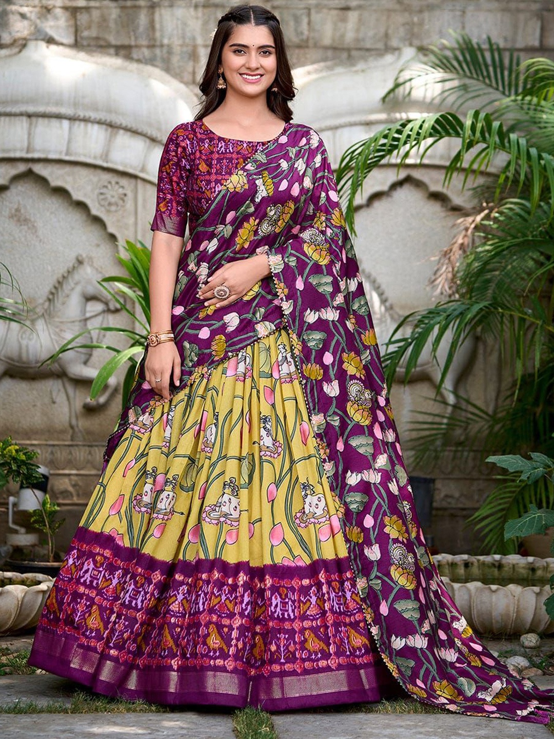 

RADHVI BIZ Printed Silk Lehenga With Semi-Stitched Blouse & Dupatta, Yellow