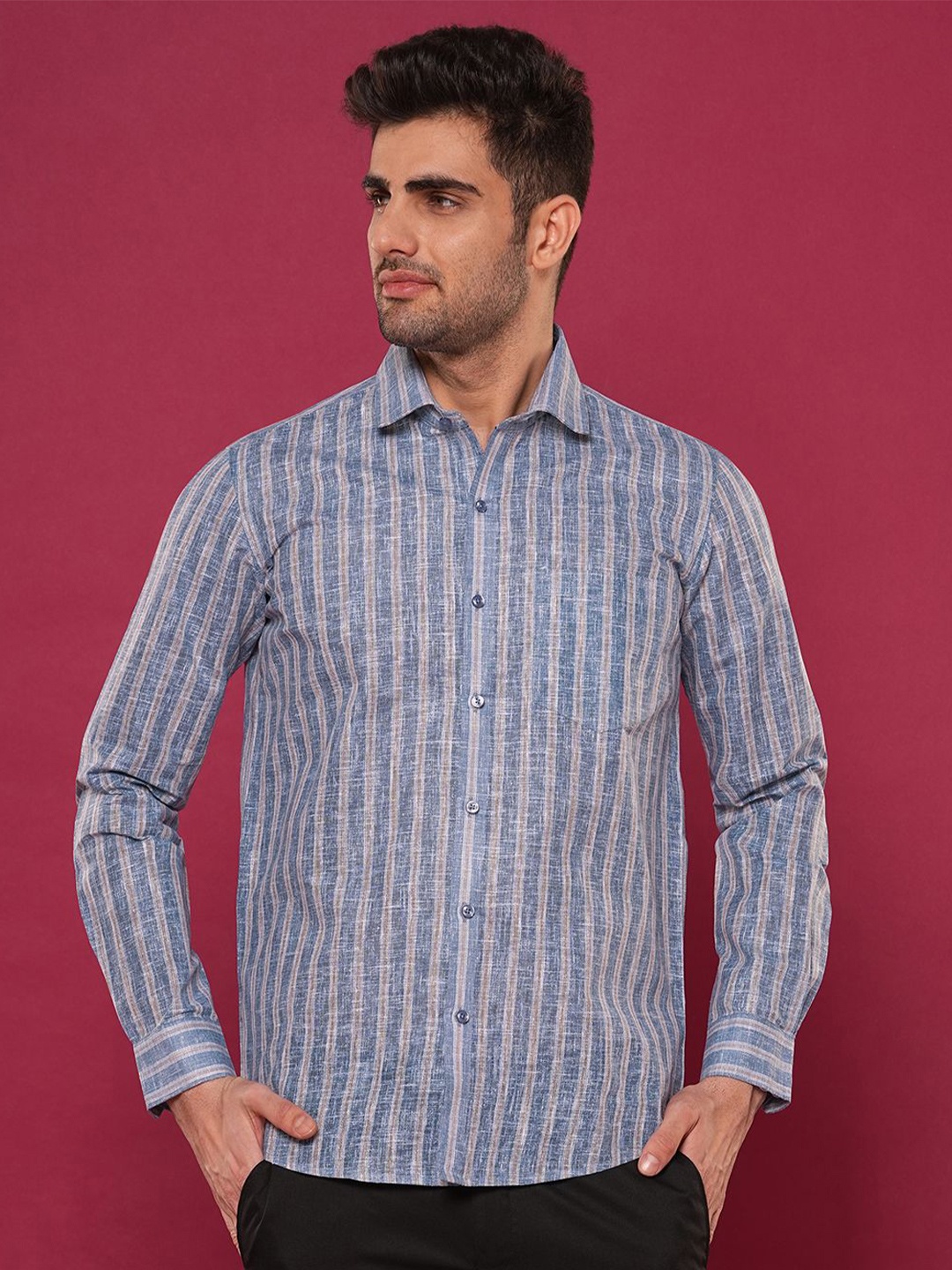 

John Philips Men Slim Fit Opaque Striped Casual Shirt, Blue