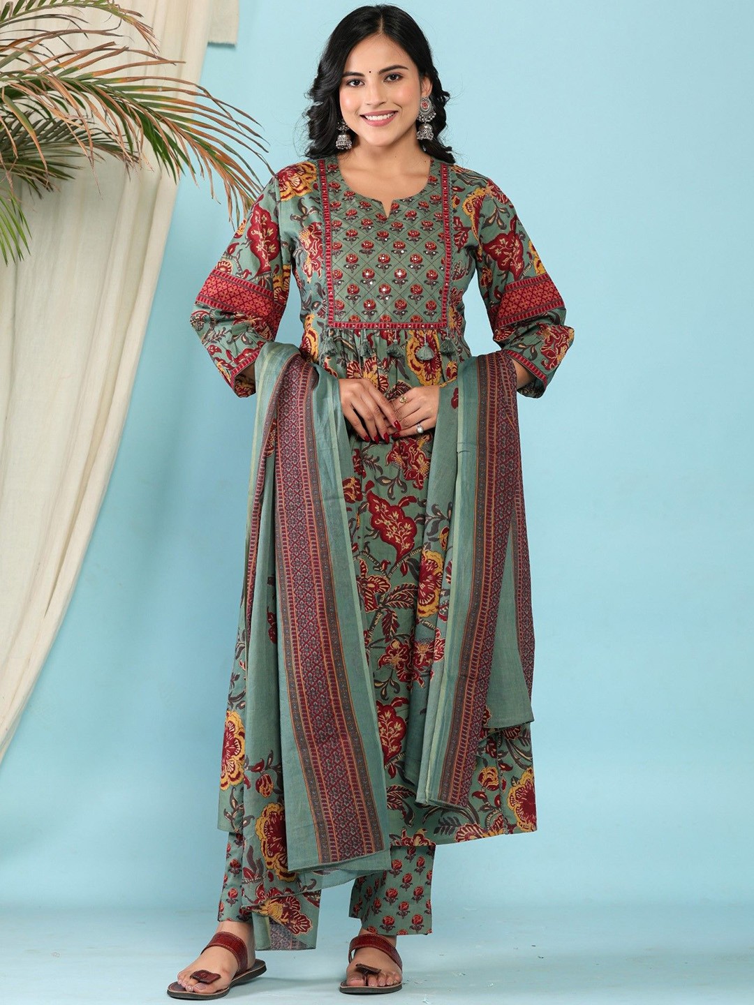 

KALINI Women Floral Printed Regular Sequinned Pure Cotton Kurta with Trousers & With Dupatta, Green