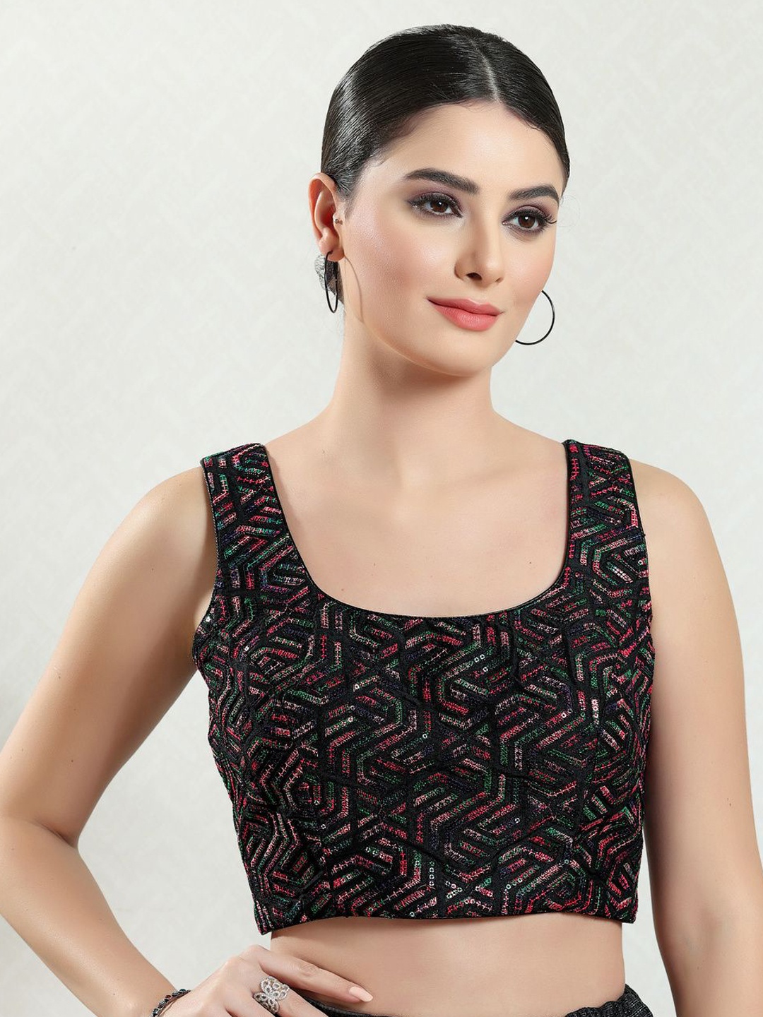 

VAMAS - THE DESIGNER BLOUSES Embroidered Silk Round Neck Padded Saree Blouse, Black