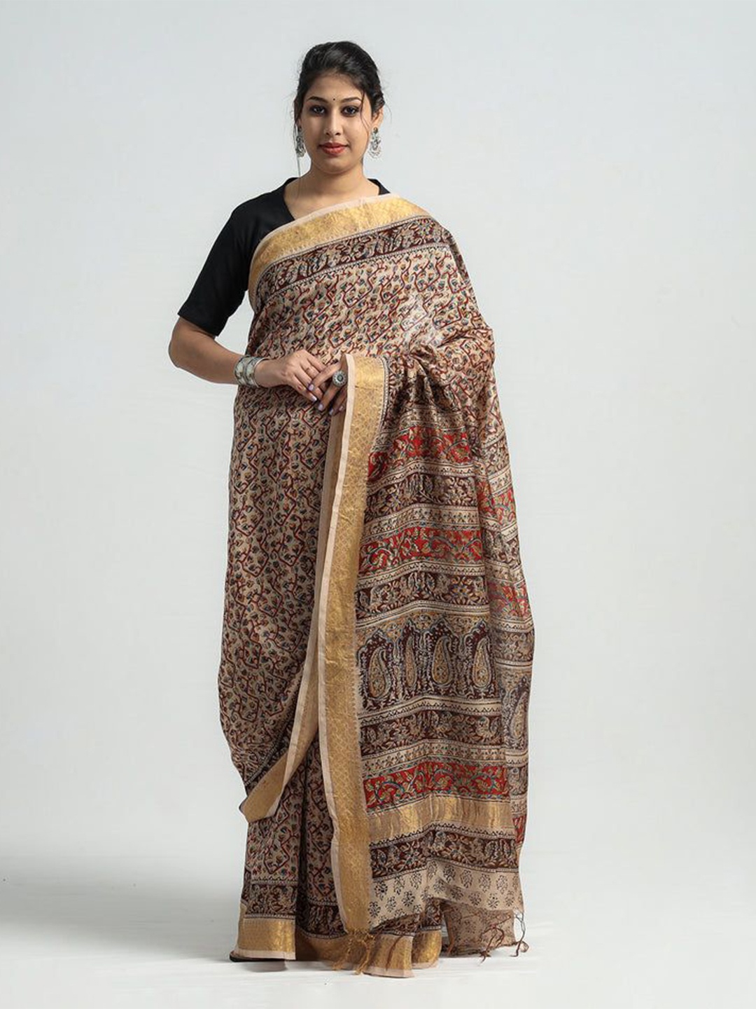 

iTokri Kalamkari Printed Zari Pure Silk Block Print Saree, Brown