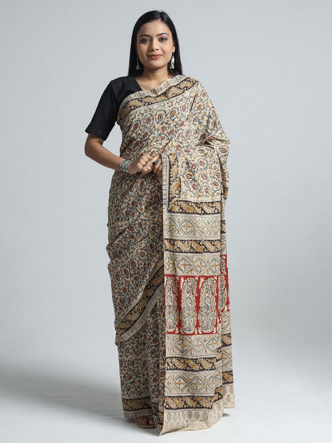 

iTokri Floral Pure Cotton Block Print Saree, Beige