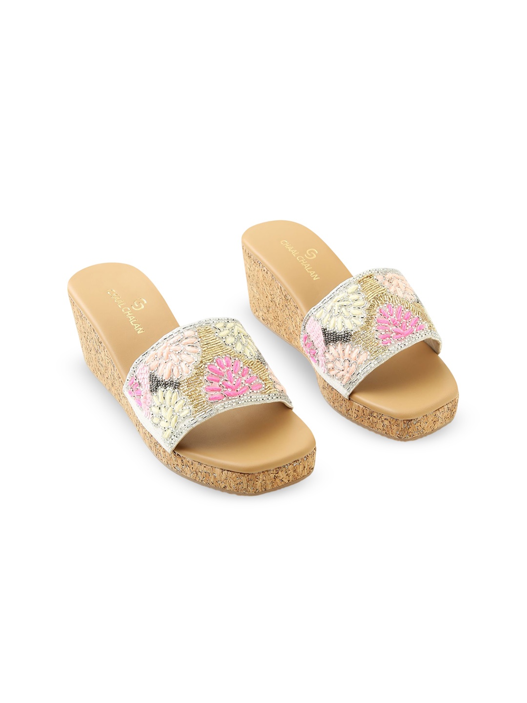 

CHAAL CHALAN Printed PU Party Wedge Sandals, White