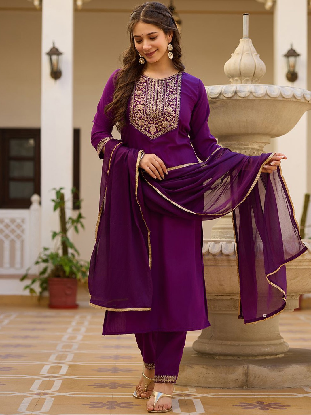 

KALINI Floral Embroidered Thread Work Straight Kurta With Trousers And Dupatta, Purple
