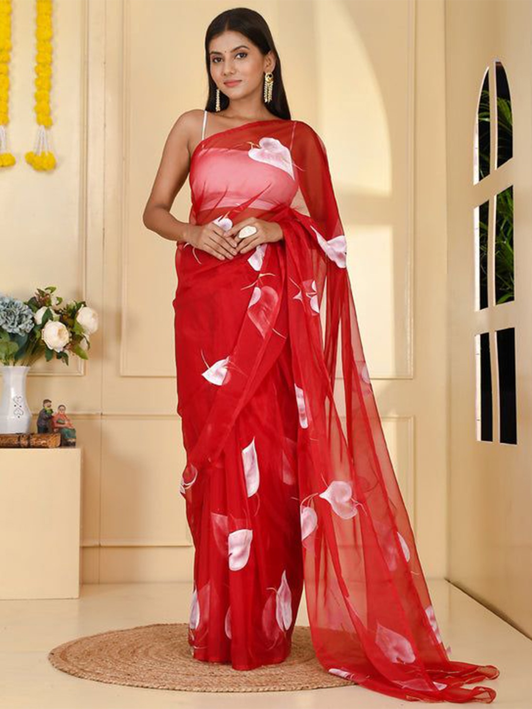 

DIVASTRI Tie and Dye Block Print Saree, Red