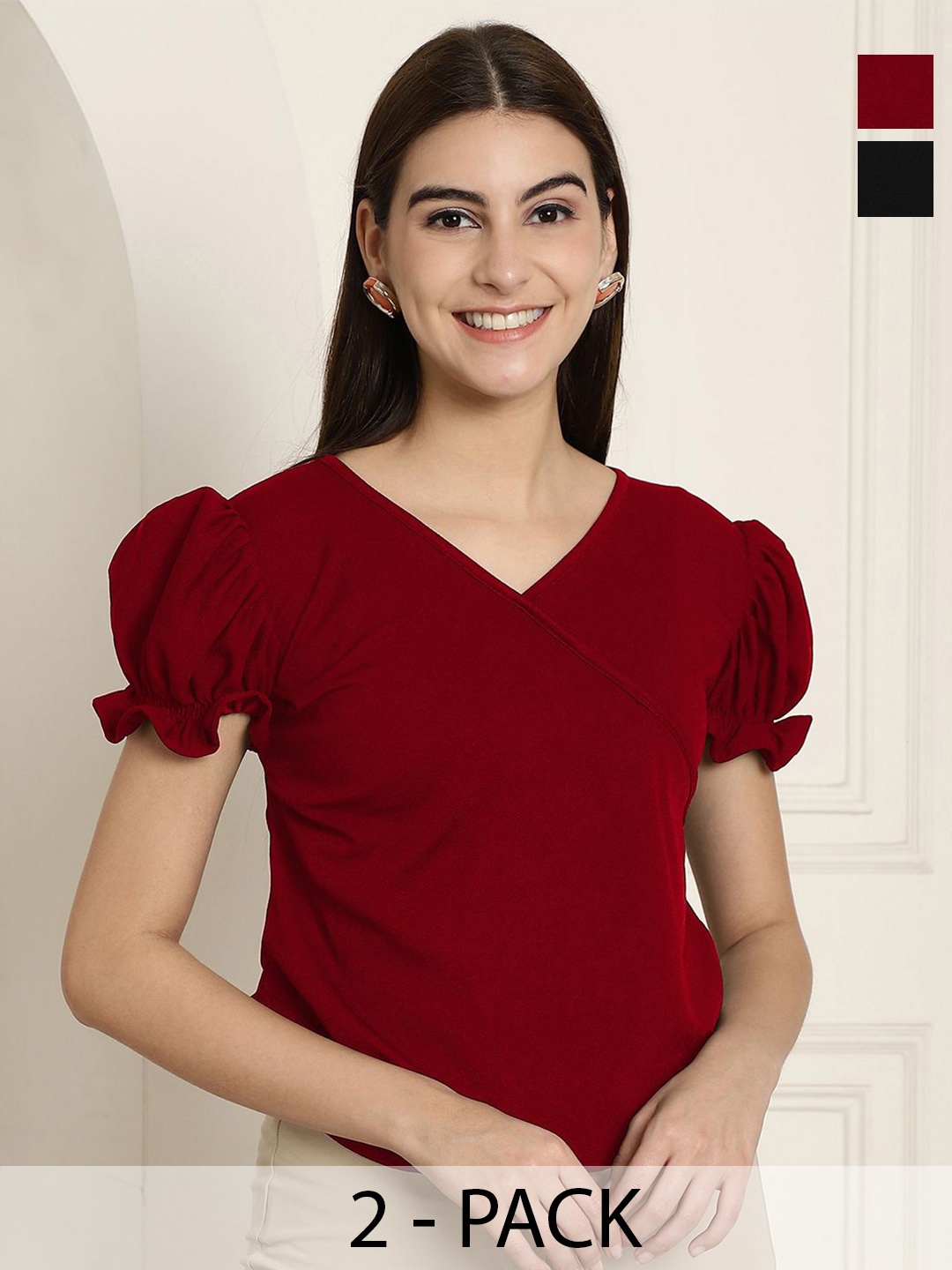 

Tromko Women Solid Color V Neck Puff Sleeve Top, Multi