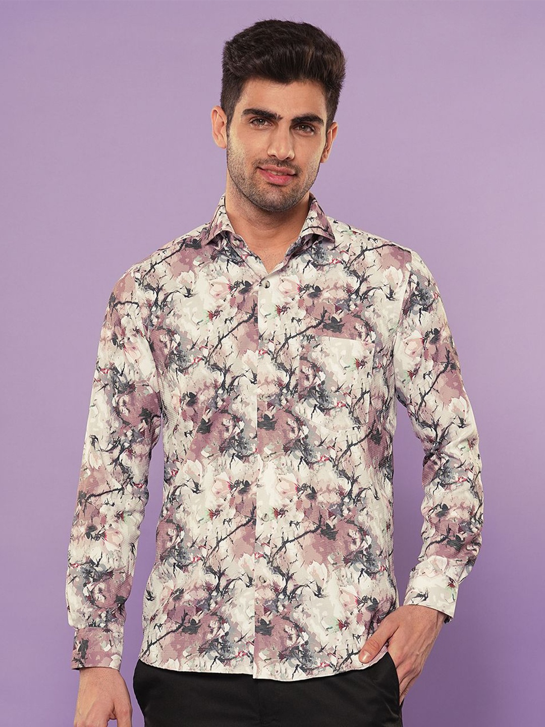 

John Philips Men Slim Fit Floral Opaque Printed Casual Shirt, Peach