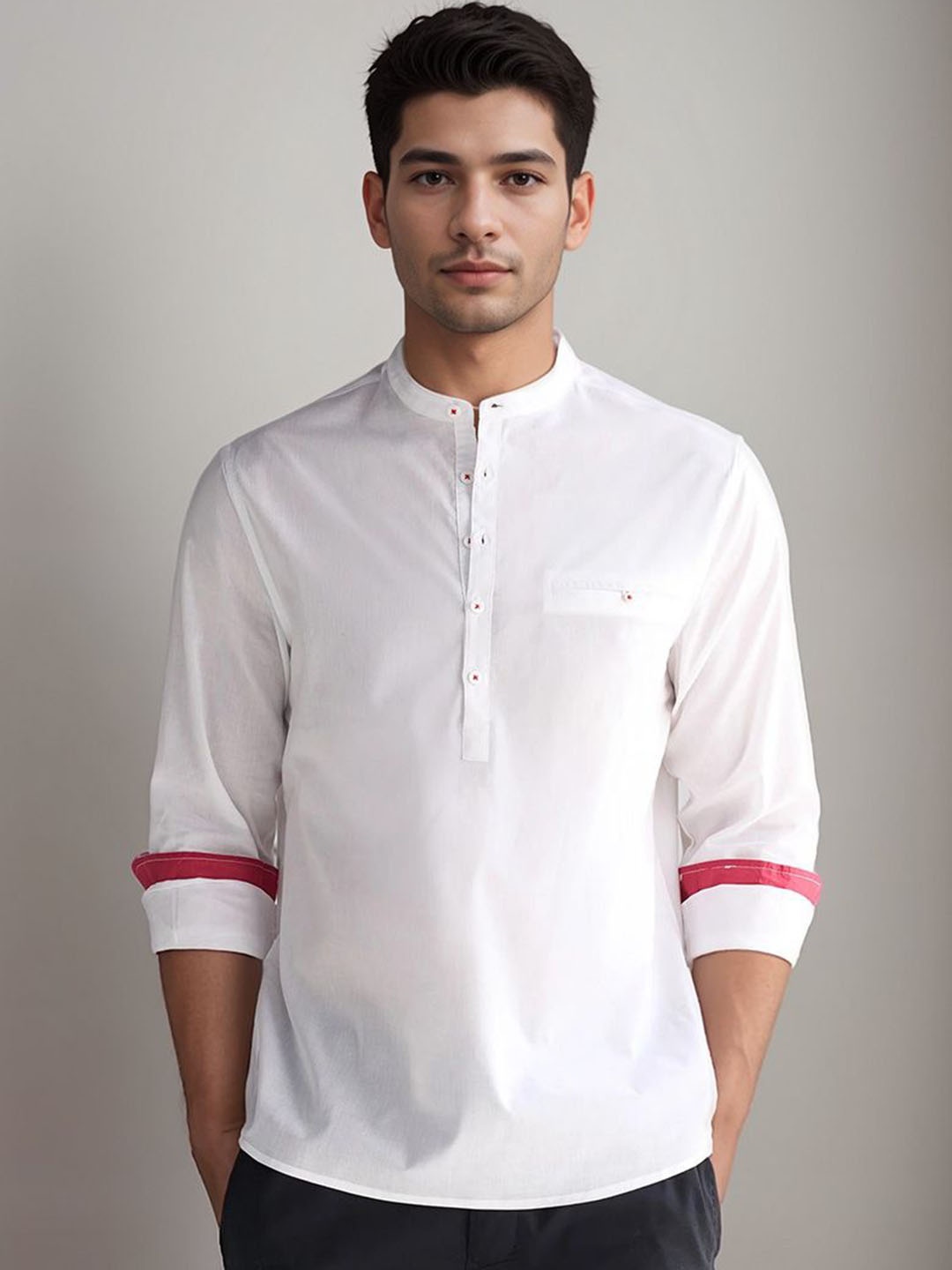 

APEKTRA Band Collar Under Pocket Slim Fit Cotton Straight Kurta, White