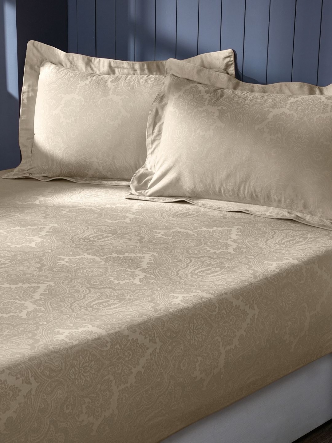 

MASPAR Beige Printed Pure Cotton Self Jacquard 300 TC King Bedsheet Set 2.75 x 2.75 m