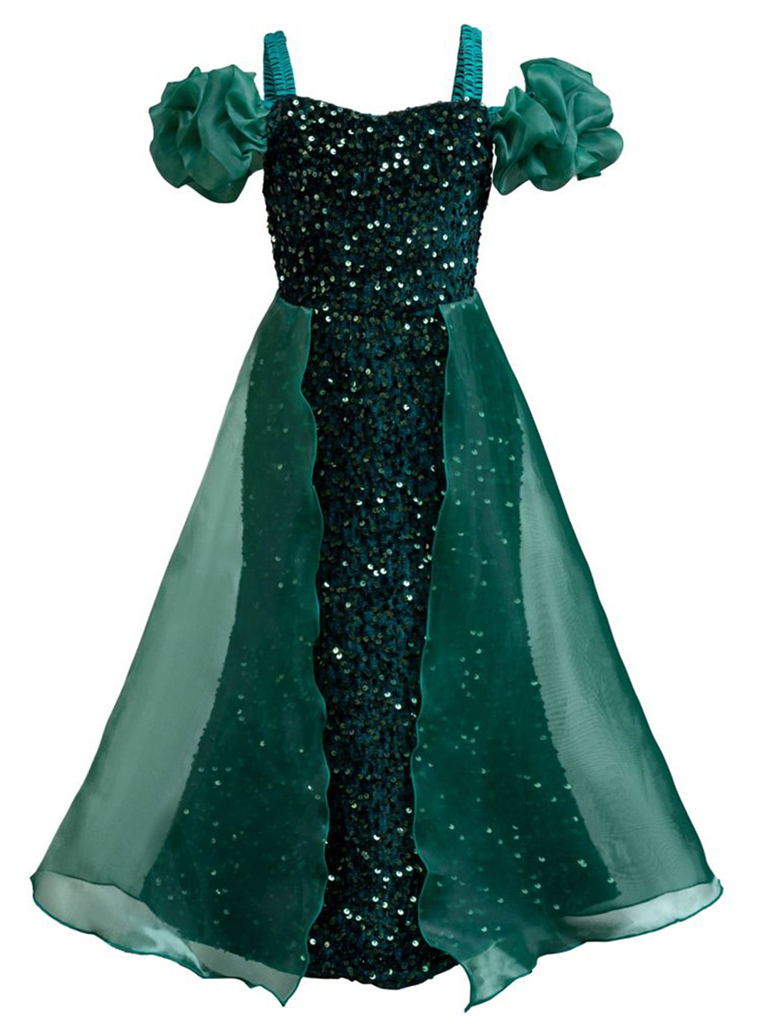 

StyleCast x Revolte Girls Embellished Shoulder Straps Ruffled Net Maxi Dress, Green