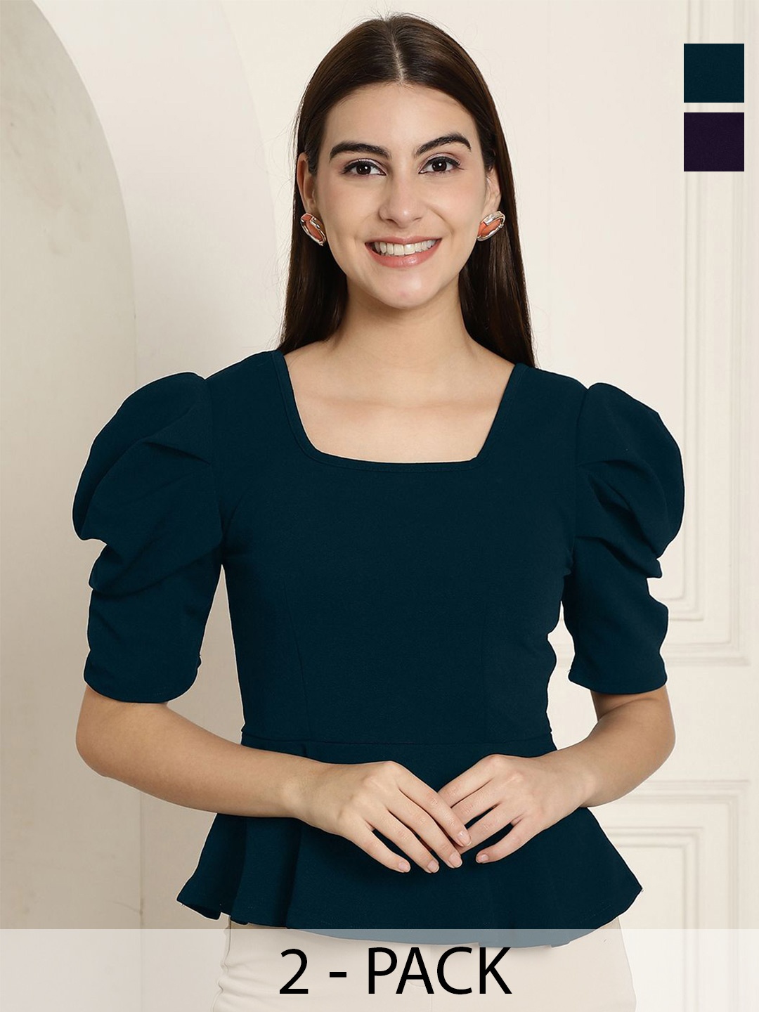 

Tromko Women Black Color Square Neck Puff Sleeve Peplum Top, Multi