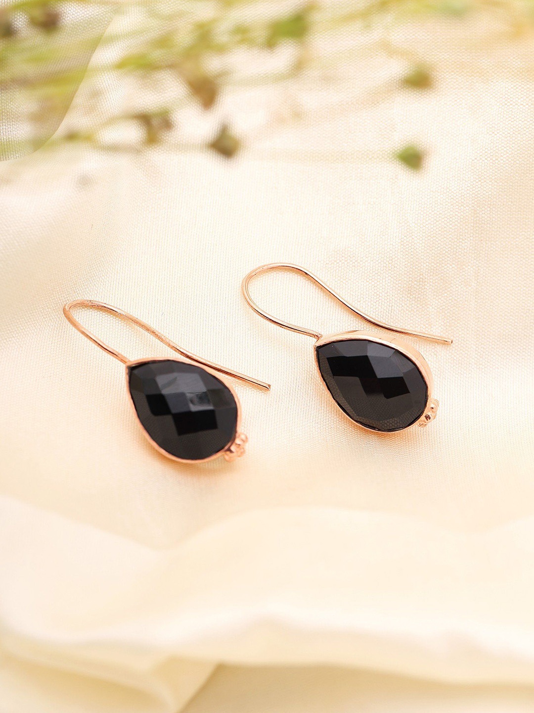 

Exotic India Sterling Silver Rose Gold-Plated Teardrop Shaped Onyx Studs Earrings, Black