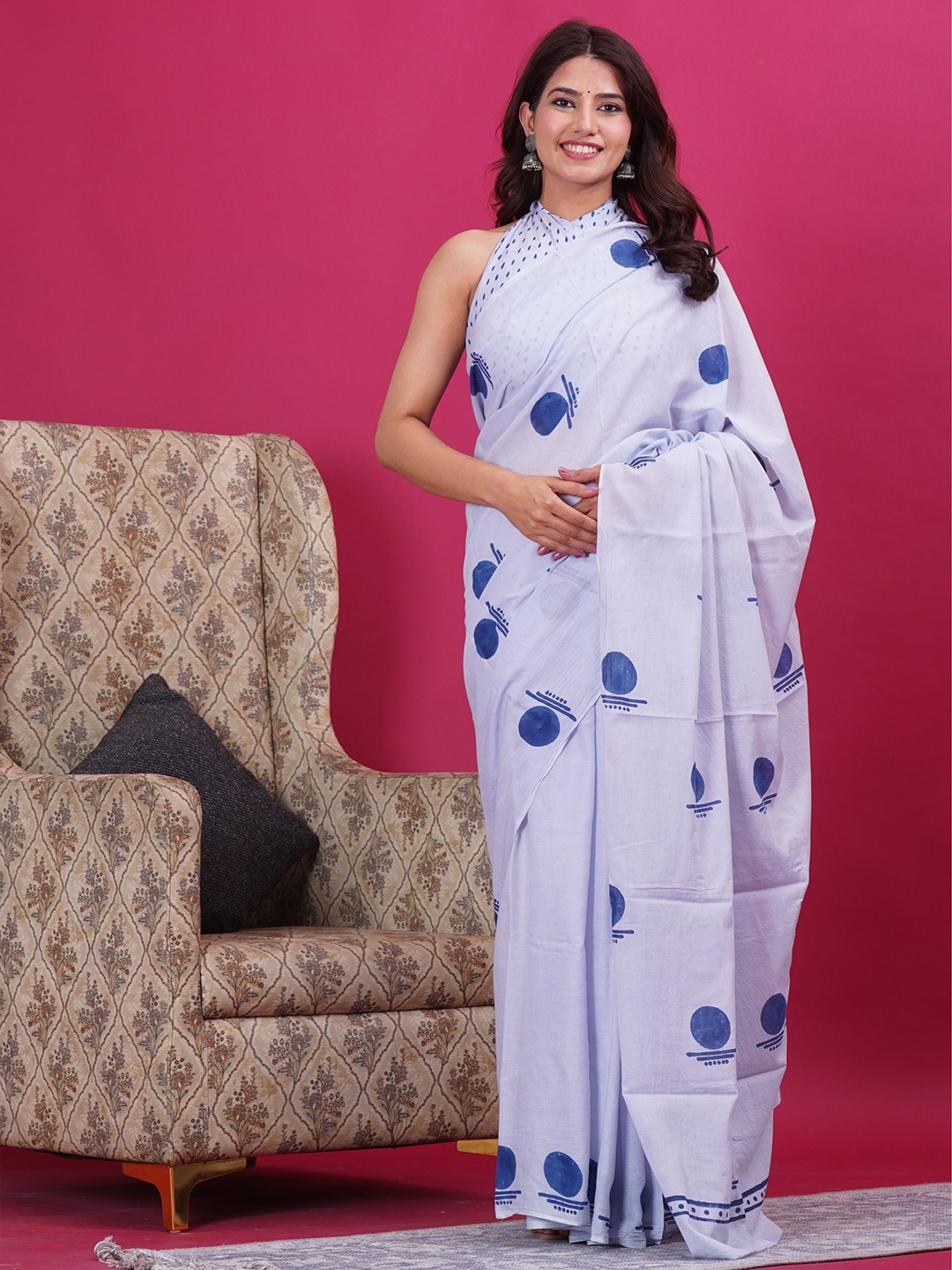 

Shivanya Handicrafts Floral Pure Cotton Block Print Saree, Blue