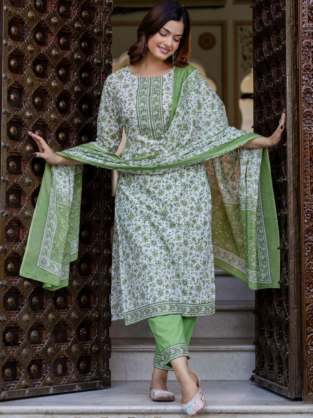 

Indo Era Floral Printed Pure Cotton Straight Kurta With Trouser And Dupatta, Green