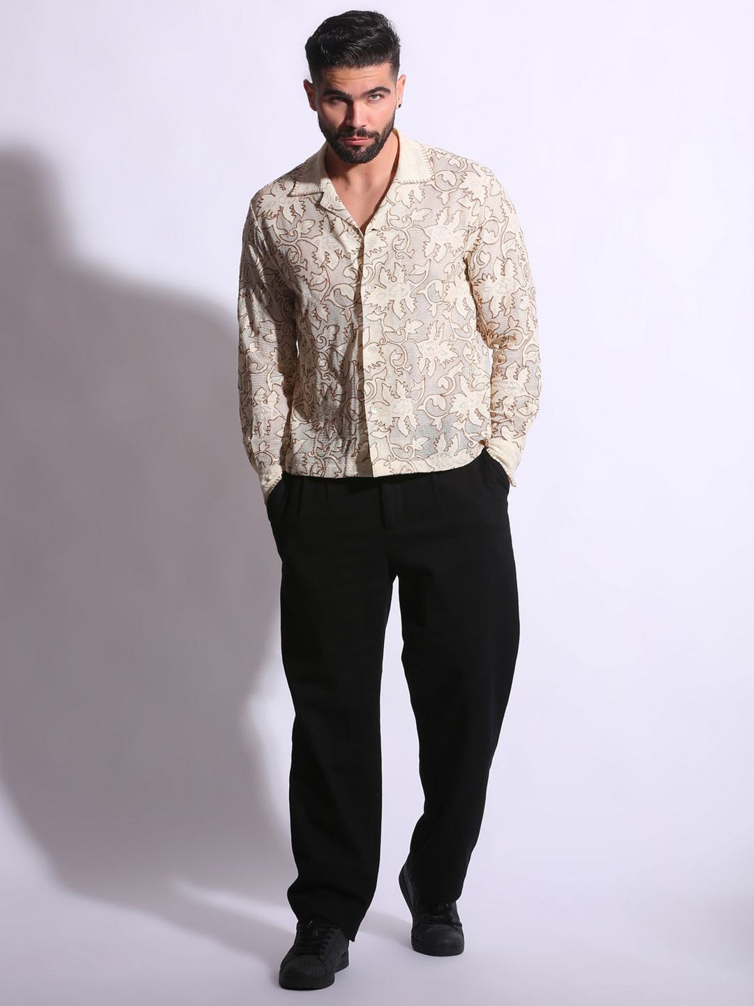 

THE MITESH Unisex Sheer Printed Casual Shirt, Beige