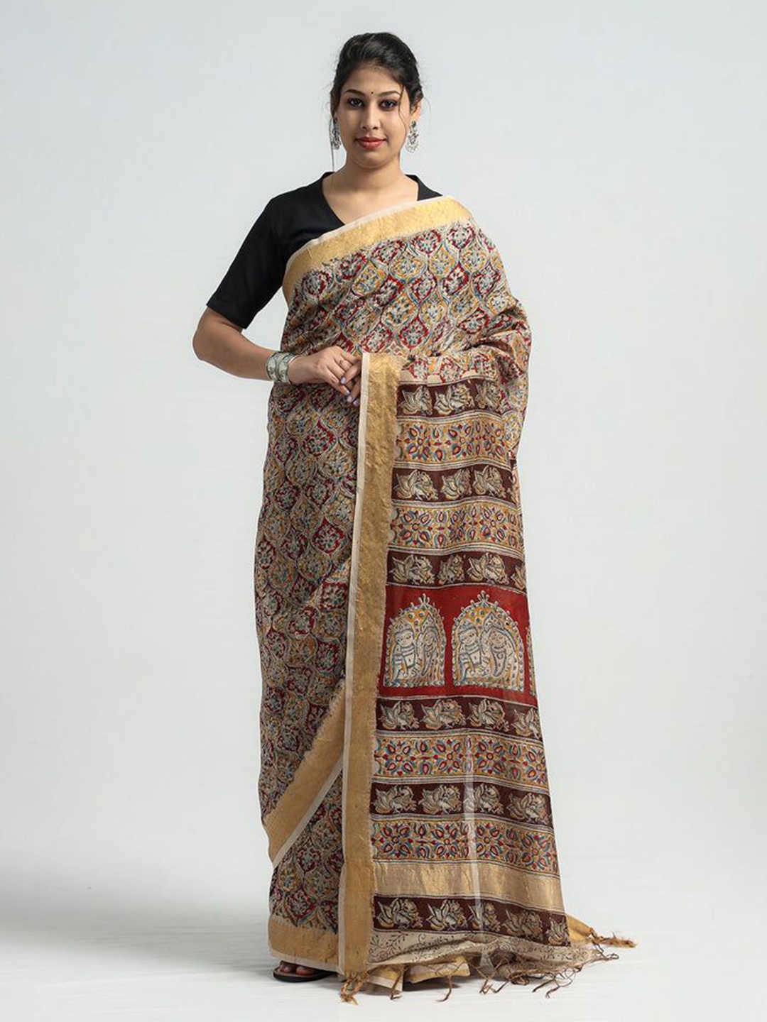 

iTokri Kalamkari Printed Zari Pure Silk Block Print Saree, Brown