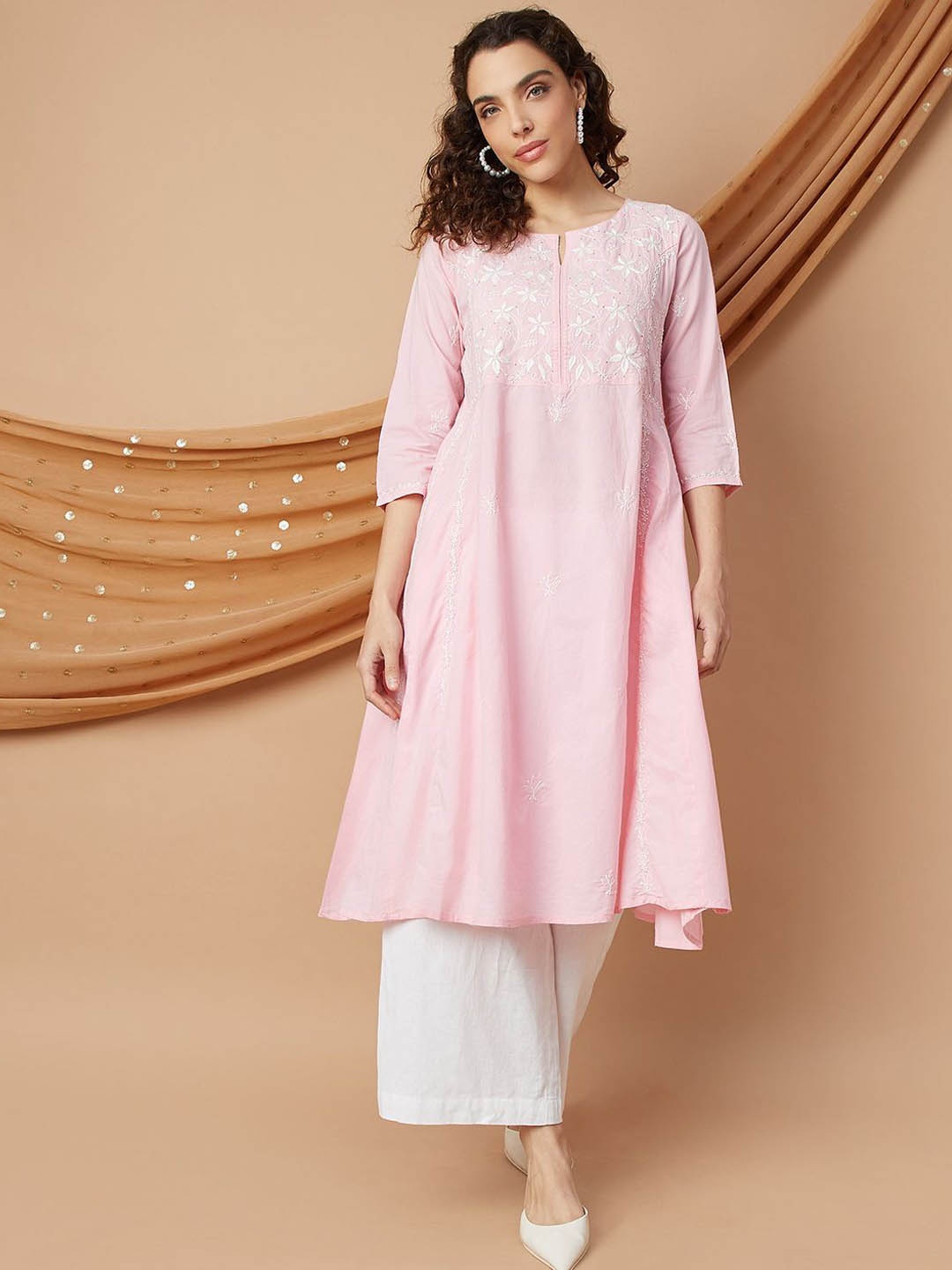 

Melange by Lifestyle Floral Embroidered Thread Work Pure Cotton A-Line Kurta, Pink