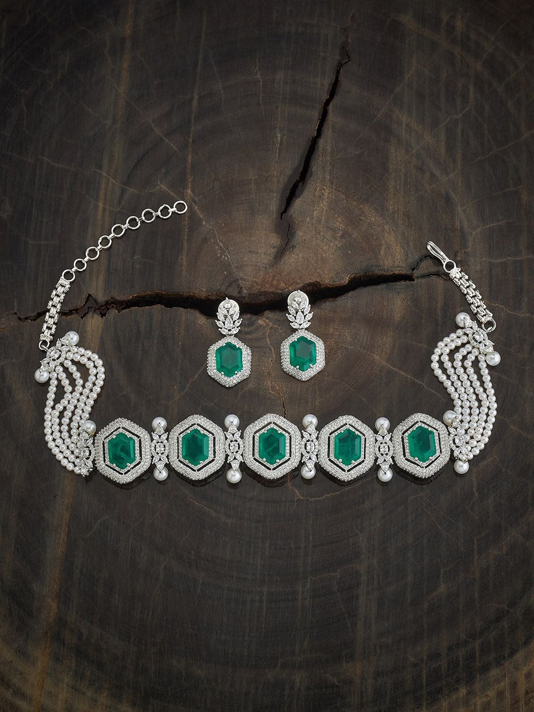 

Kushal's Fashion Jewellery Rhodium-Plated Cubic Zirconia-Studded Jewellery Set, Silver