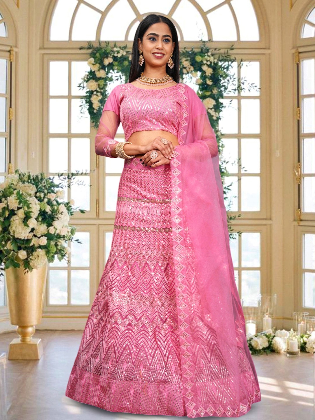 

VARNI FABRICS Embroidered Semi-Stitched Lehenga & Unstitched Blouse With Dupatta, Pink