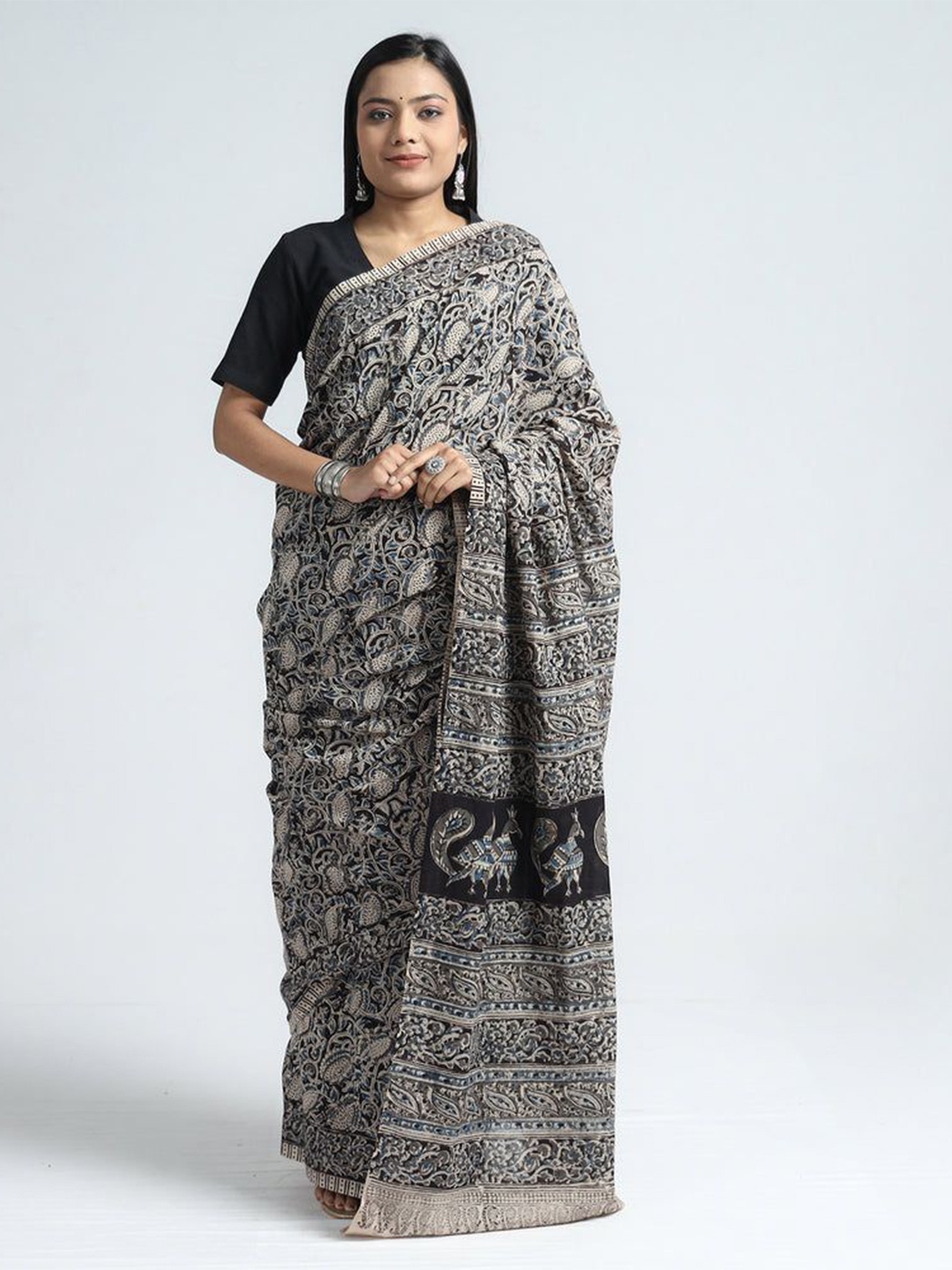 

iTokri Kalamkari Pure Cotton Block Print Saree, Black