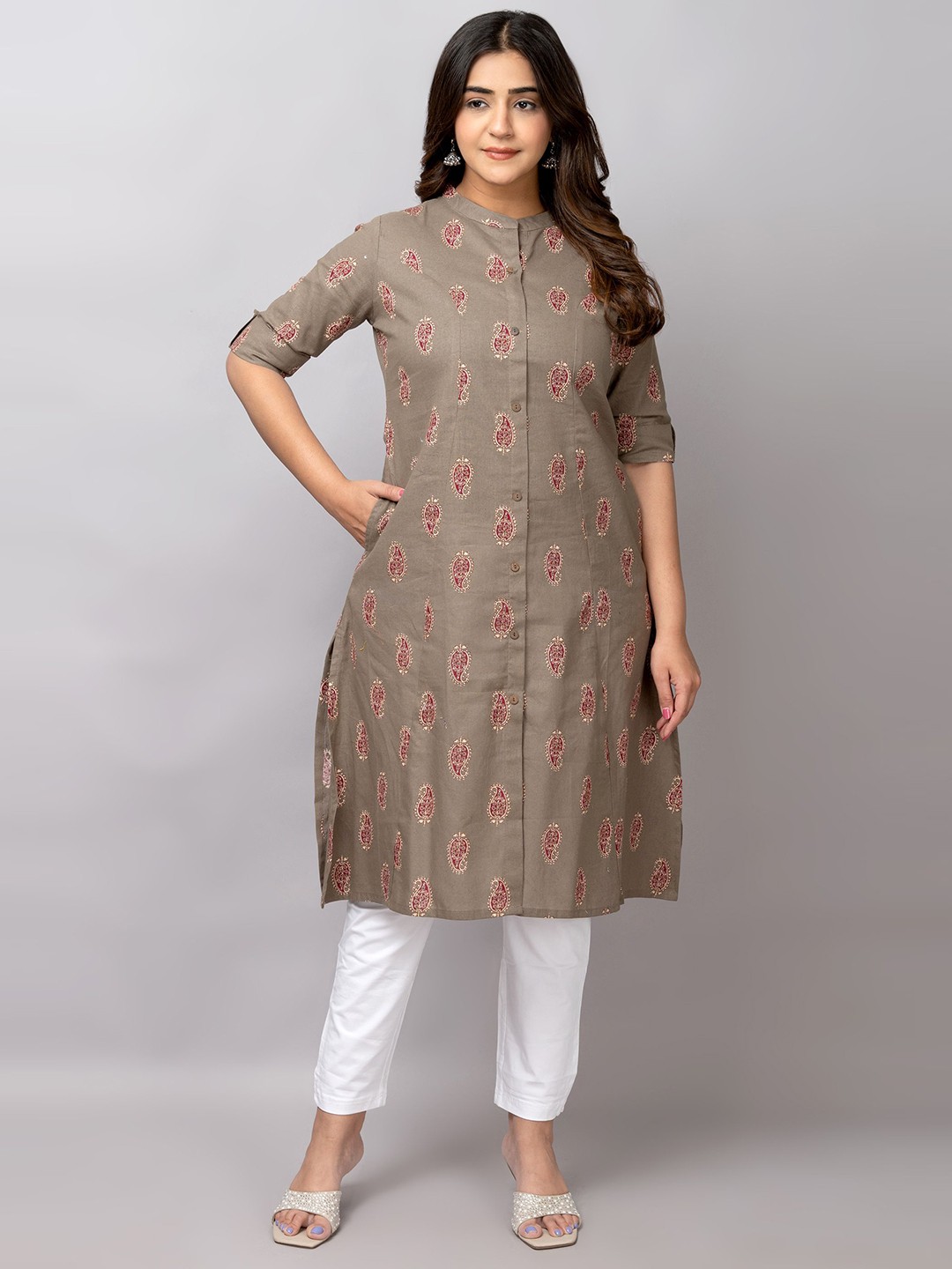 

TRIVEDI Printed Pure Cotton Mandarin Collar Ethnic A-Line Kurta, Grey
