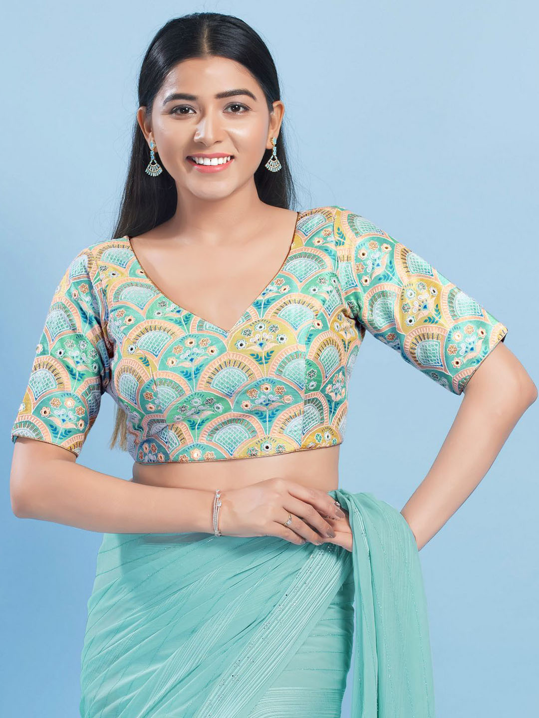 

VAMAS - THE DESIGNER BLOUSES Gotta Patti Embroidered Silk V- Neck Padded Saree Blouse, Green