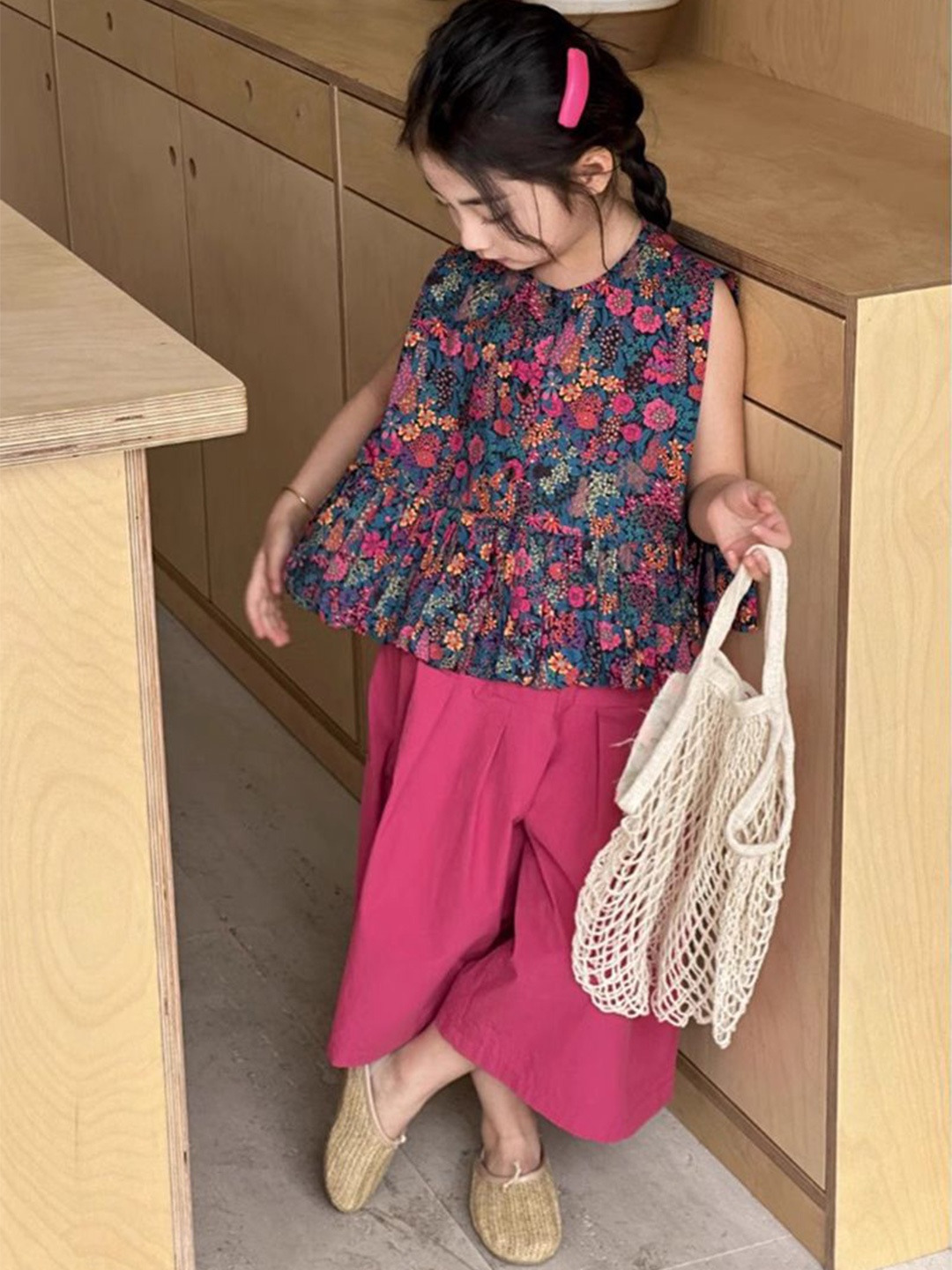 

StyleCast x Revolte Girls Floral Printed Round Neck Pure Cotton Top With Trousers, Rose