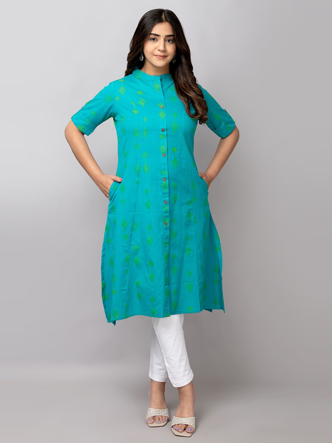 

TRIVEDI Geometric Printed Pure Cotton Mandarin Collar Ethnic A-Line Kurta, Teal