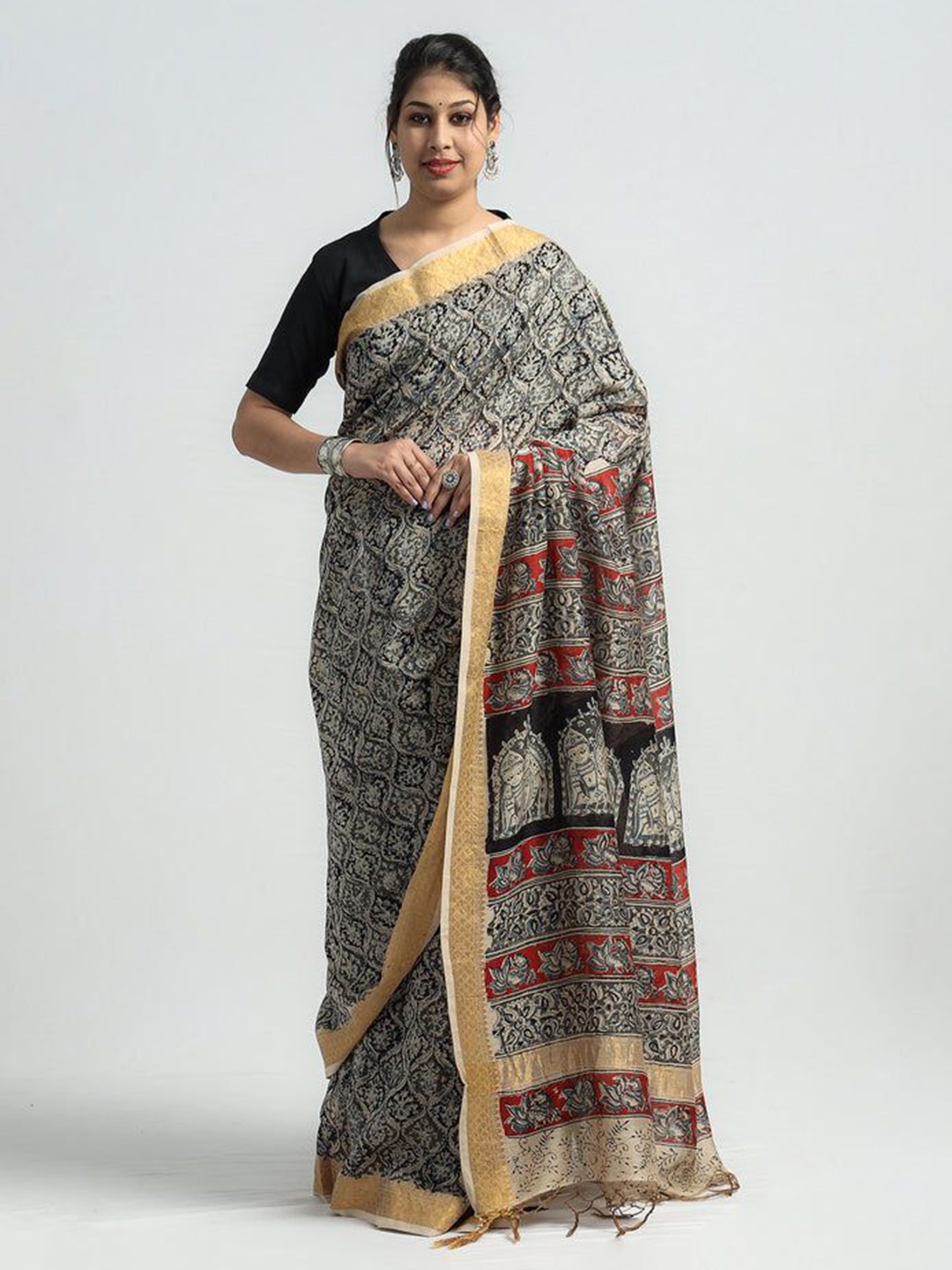

iTokri Kalamkari Printed Zari Pure Silk Block Print Saree, Black
