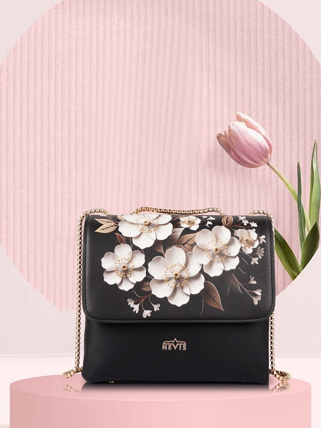 

NEVIS Floral Sling Bag with Applique, Black