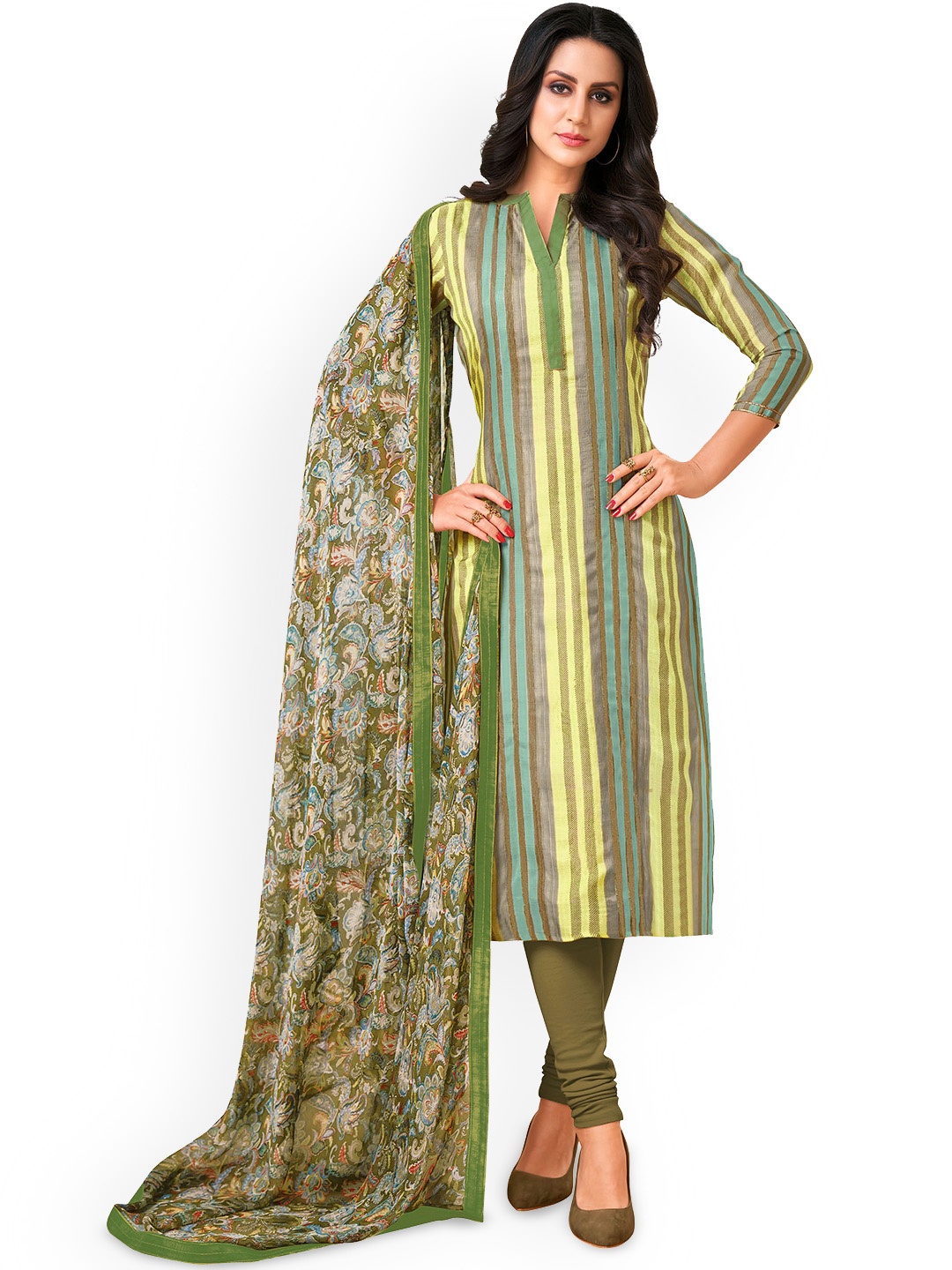 

HERE&NOW Striped Printed Unstitched Dress Material, Yellow
