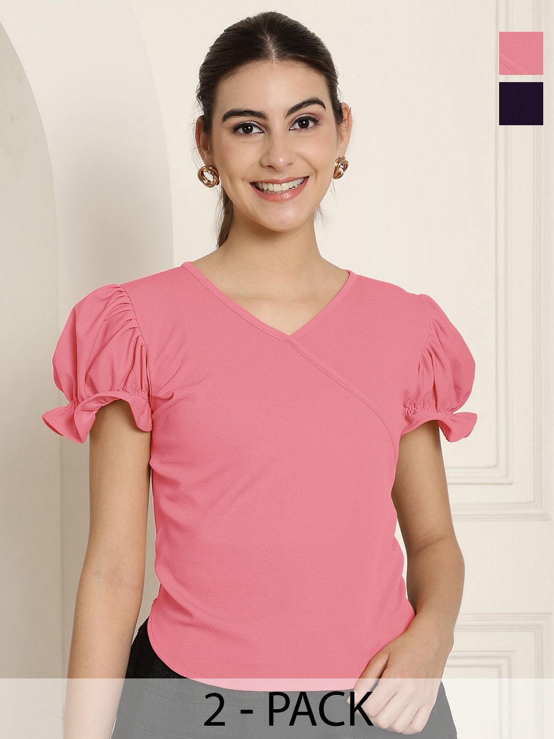 

Tromko Women Pack Of 2 Solid Peplum Puff Sleeve Regular Lenth Top, Pink