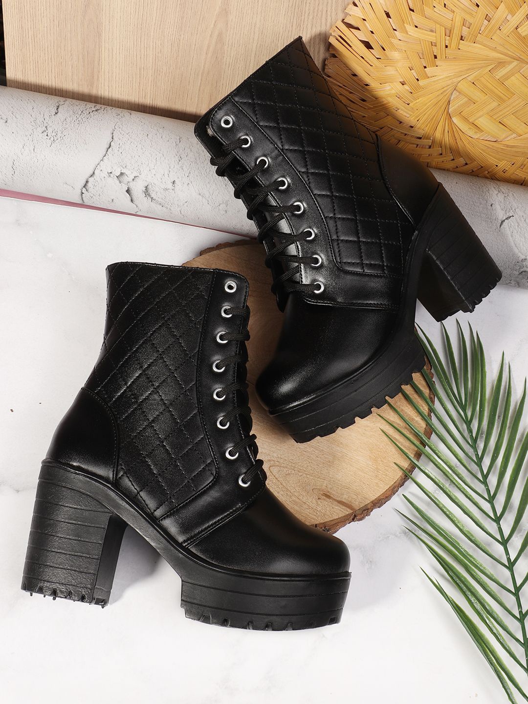 

STRASSE PARIS Women Round Toe Lace Up Chunky Block Heeled Boots, Black