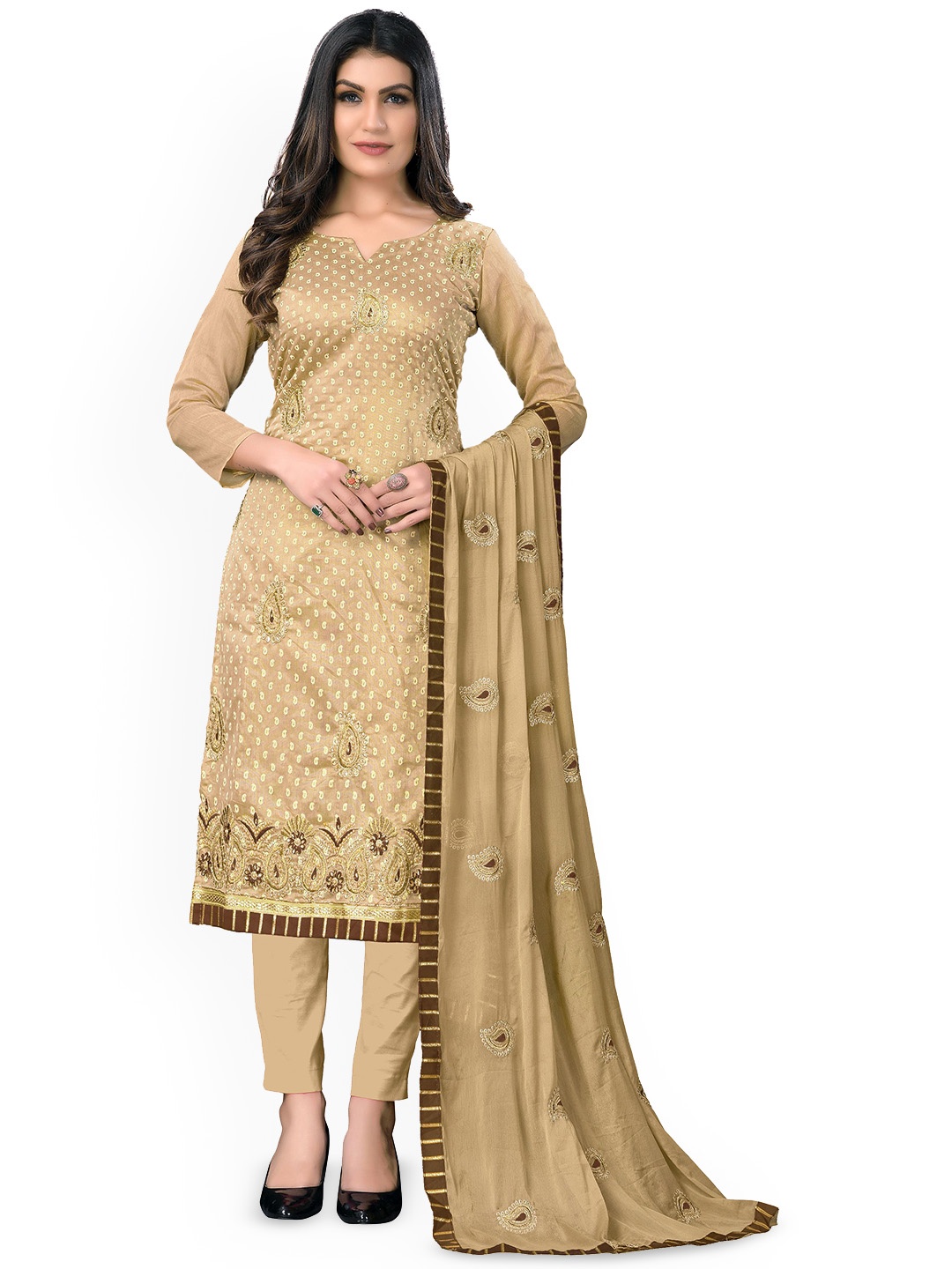 

HERE&NOW Paisley Embroidered Unstitched Dress Material, Beige
