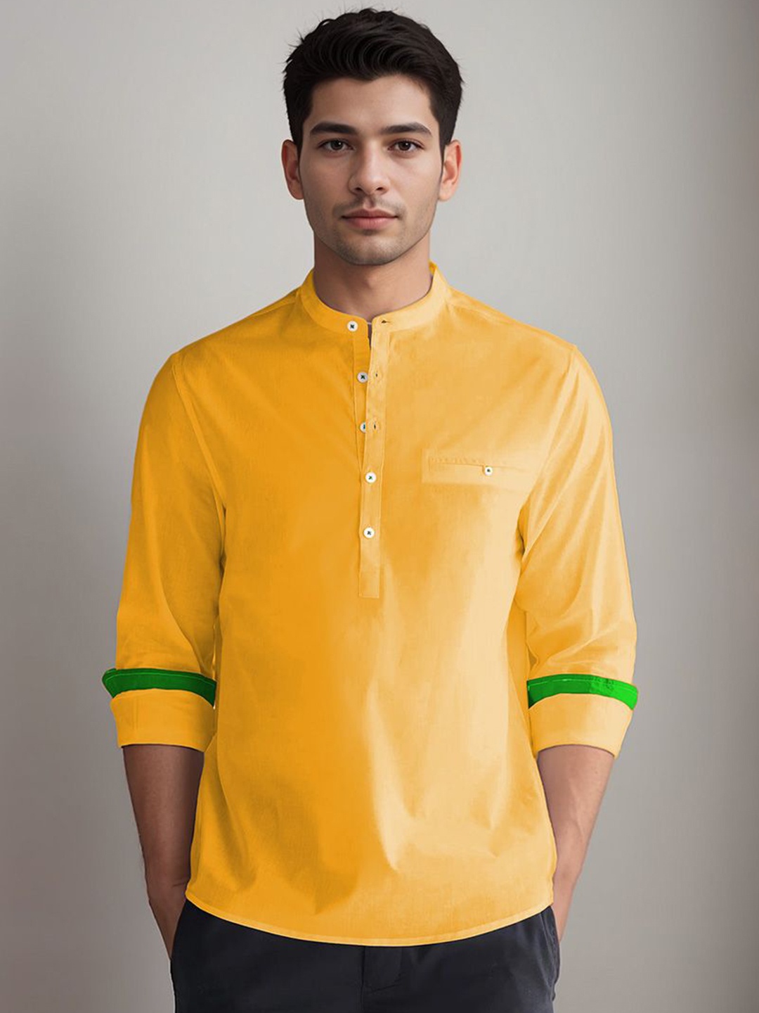 

APEKTRA Band Collar Under Pocket Slim Fit Cotton Straight Kurta, Yellow