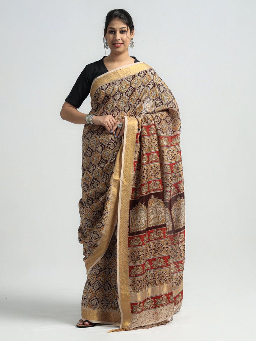 

iTokri Kalamkari Zari Pure Silk Block Print Saree, Brown