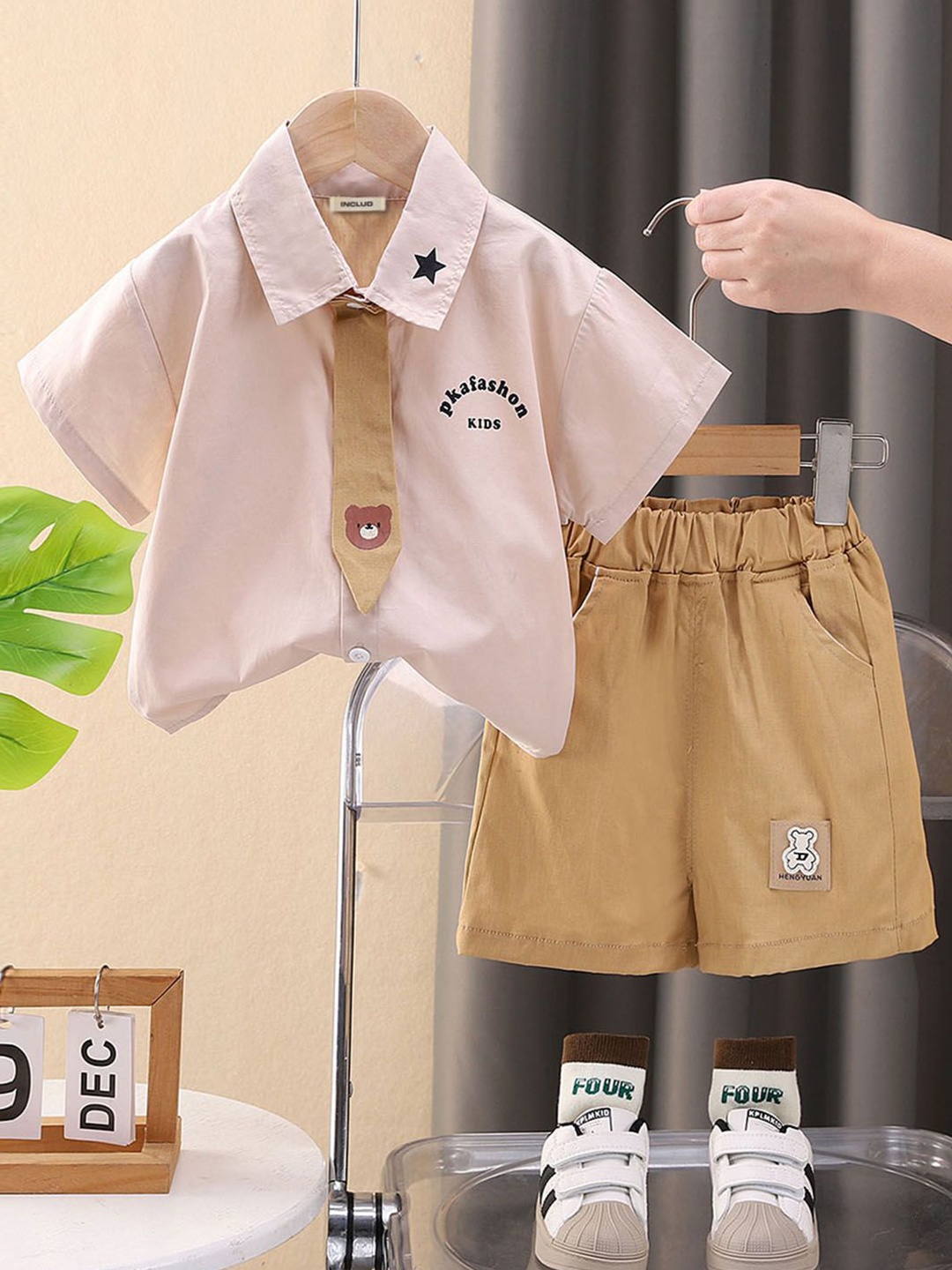 

INCLUD Boys Short Sleeves Shirt With Attached Tie & Shorts, Beige