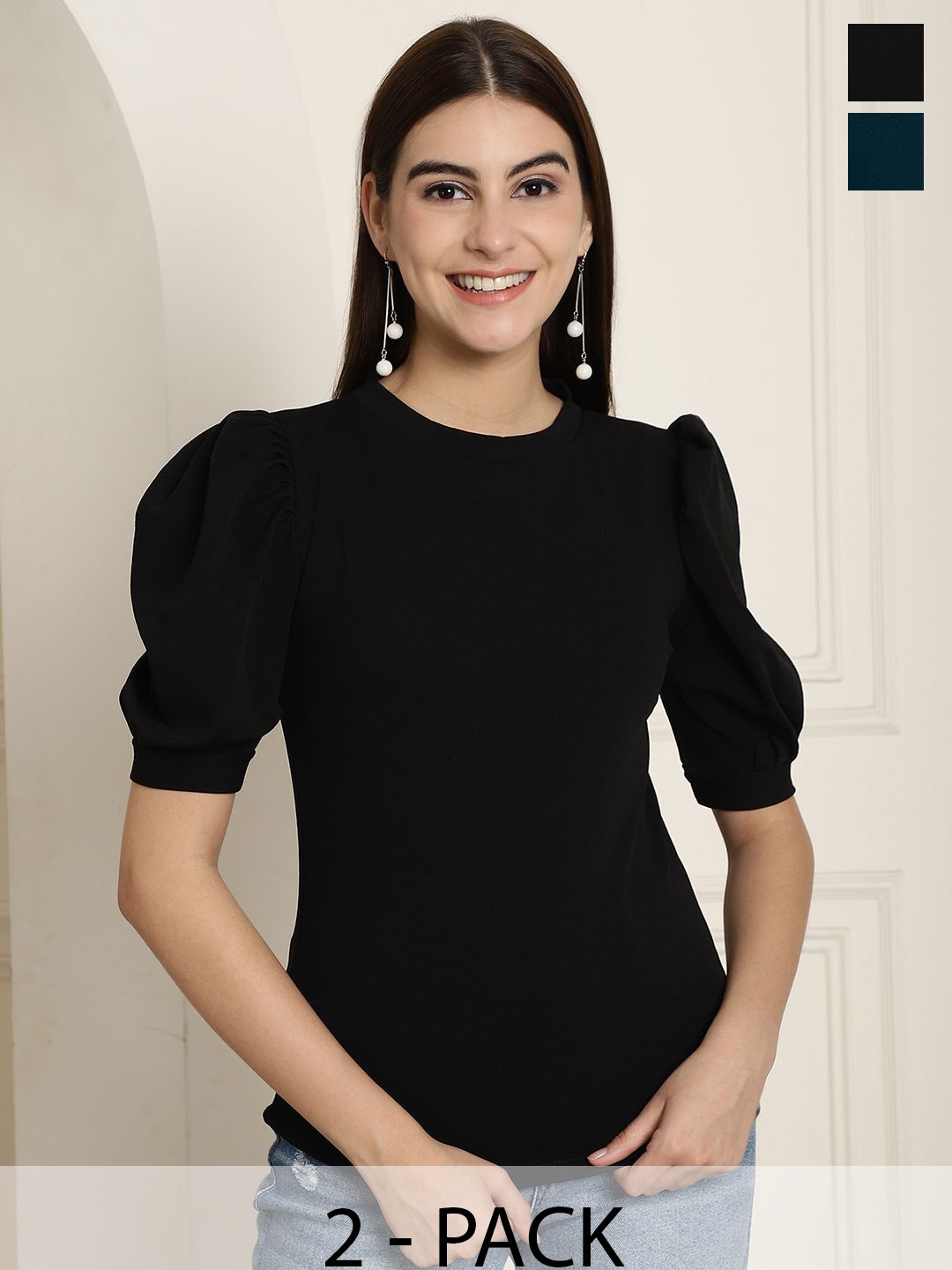 

Tromko Pack of 2 Puff Sleeve Top, Black