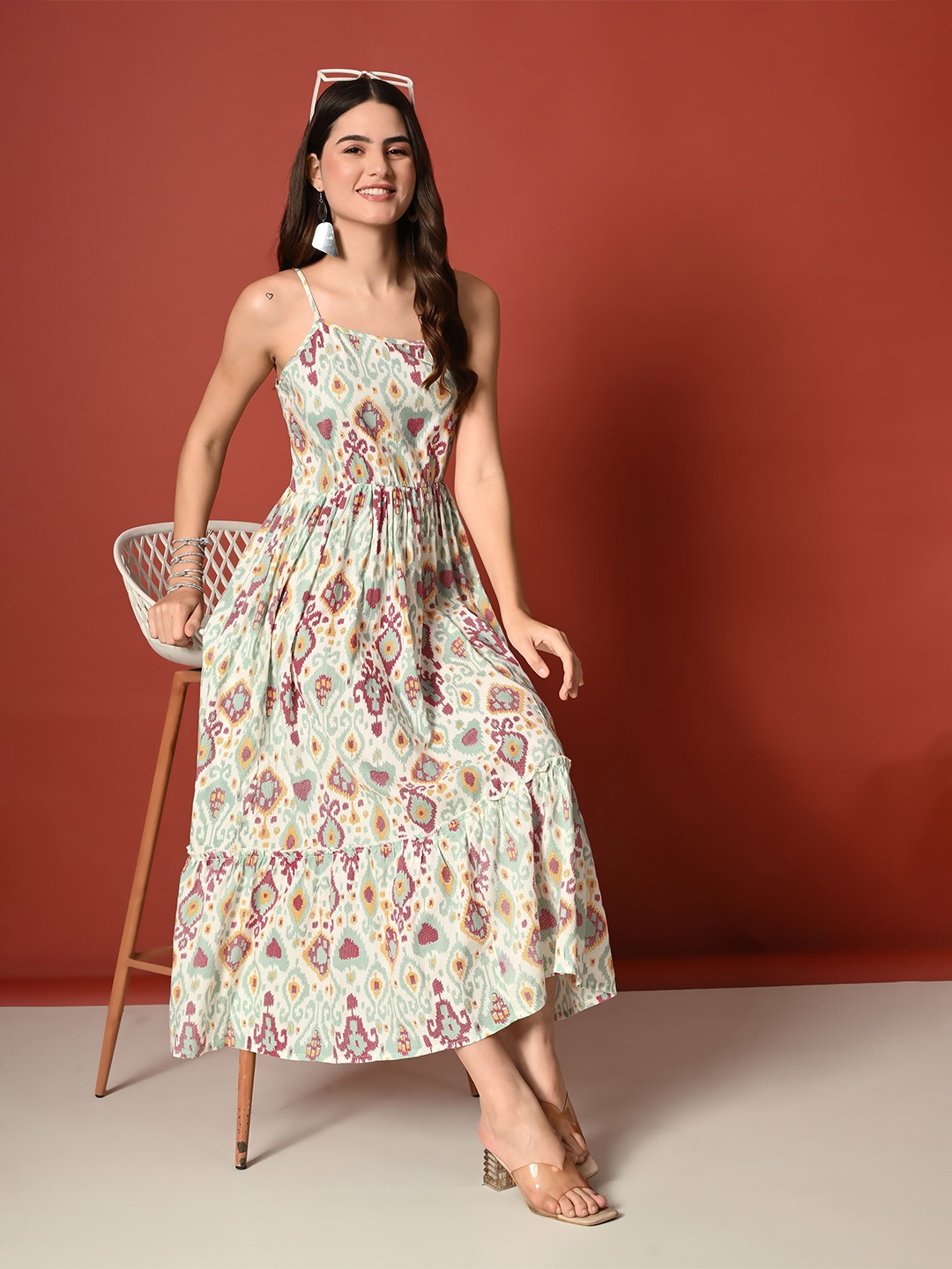 

ao services Ethnic Motifs Print Shoulder Straps Tiered Fit & Flare Midi Dress, White