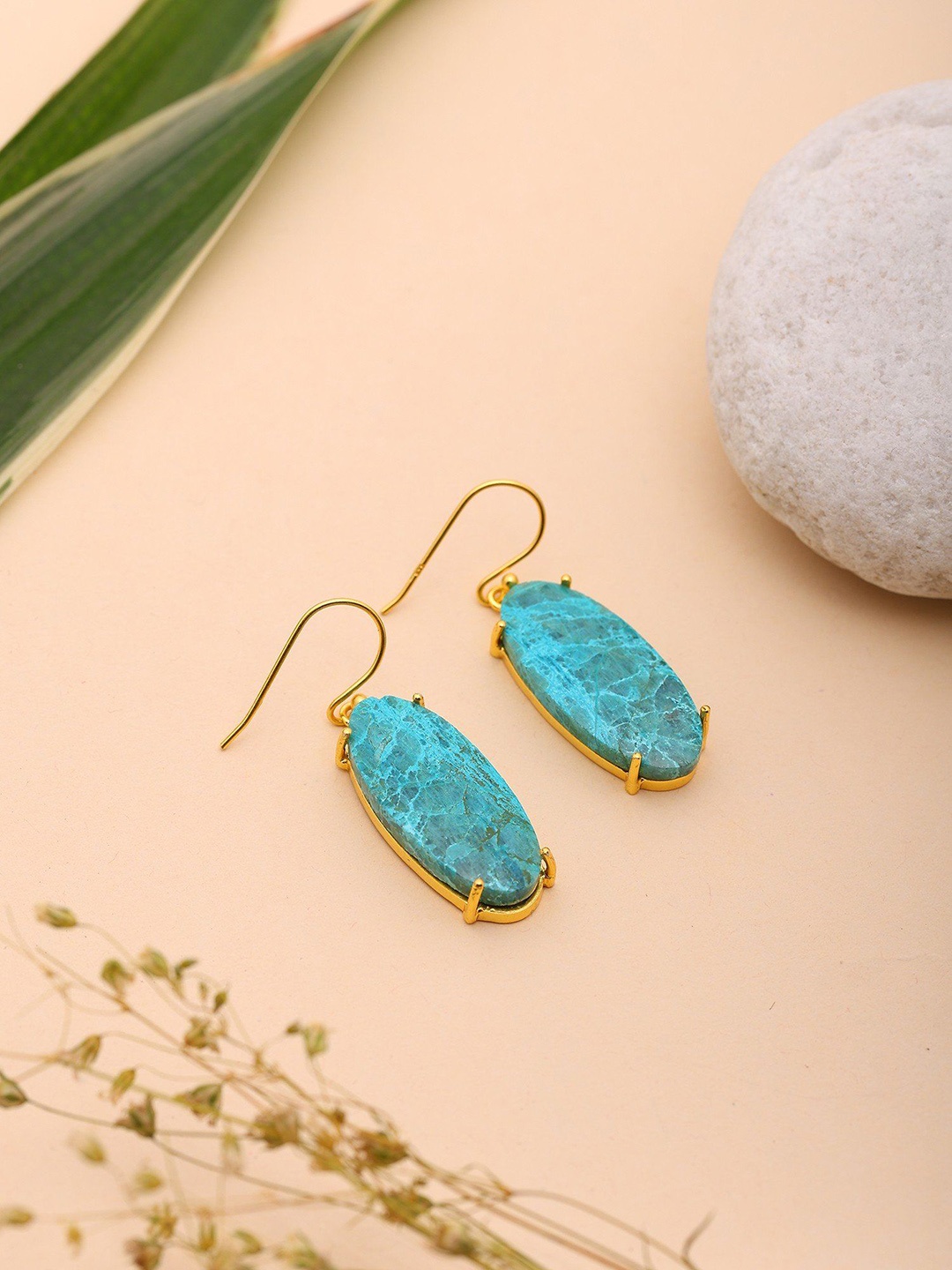 

Exotic India Gold-Plated Sterling Silver Oval Shaped Chrysocolla Drop Earrings