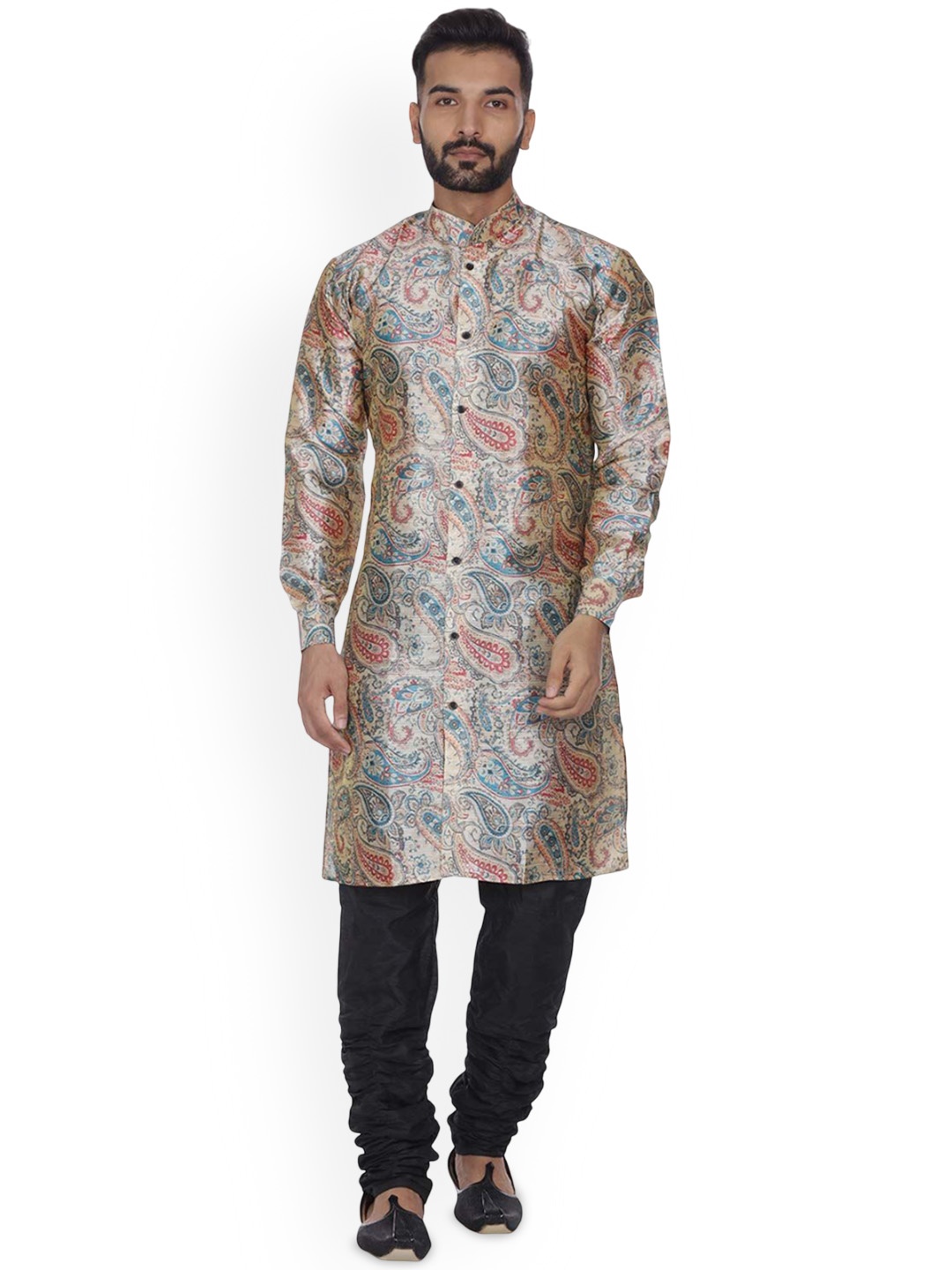 

VEERA PARIDHAAN Paisley Printed Mandarin Collar Long Roll-Up Sleeves Straight Kurta, Beige