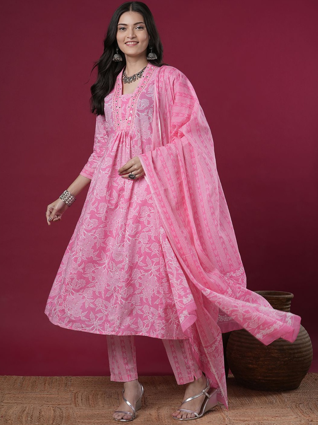 

FASHOR Women Ethnic Motifs Printed Panelled Mirror Work Pure Cotton Kurta with Trousers & With Dupatta, Pink